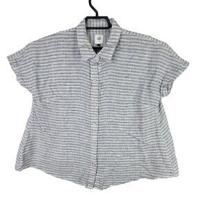 Womens Cabi White & Navy Striped Linen Blend Shirt Short Sleeve Button Up Size M